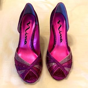 Nina Pink Glitter Peeptoe Pumps